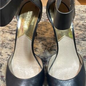 MICHAEL Michael Kors Black Leather Ankle Strap Heels with Gold Insole